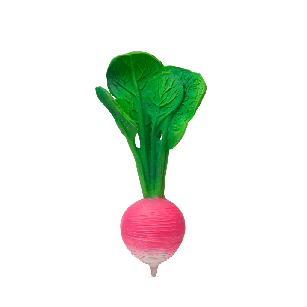 Ramona the Radish Teething Toy features a pink and white radish with green leaves, standing upright on a plain white background—ideal as a natural rubber baby toy for teething or sensory play.