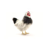 The French White Hen Stuffed Animal is a hand-sewn plush with a white body, black tail and neck ruff, yellow feet, and a red comb, shown against a plain white background.
