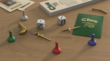 A Clue Heritage Edition board game setup on a wooden table displays dice, game cards, colorful pawns, and classic mini weapons, celebrating the 75th Anniversary of this timeless favorite.