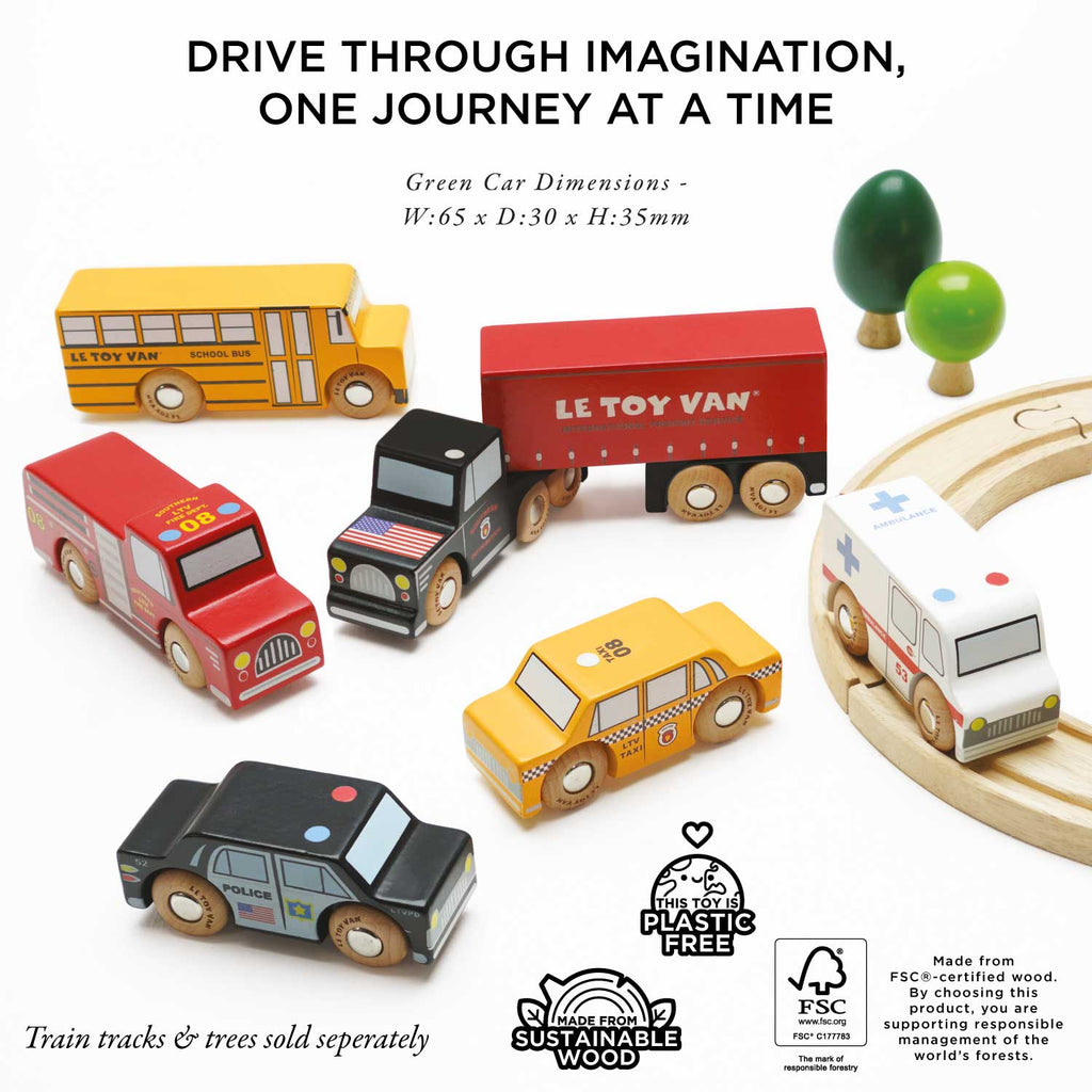 The American Wooden Car Set includes a school bus, van, ambulance, police car, taxi, and delivery truck with two wooden trees. Sustainably made from FSC-certified wood—perfect for imaginative play and a delightful gift for kids.