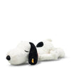 The Steiff XL Snoopy Lying Down 16" plush rests on its side with closed eyes, black ears, and a black spot on its back, displayed against a plain white background.