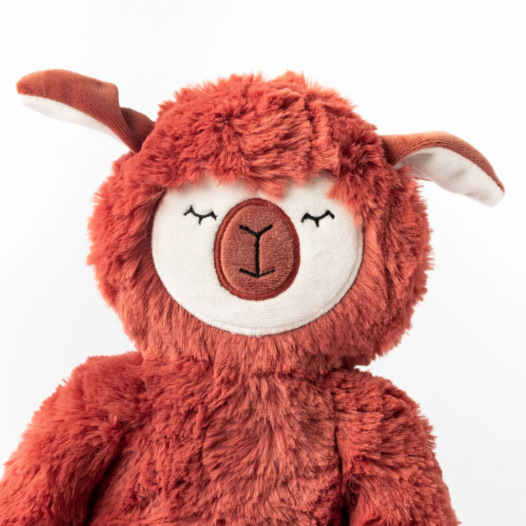 A Slumberkins Alpaca Kin + Lesson Book On Stress Relief resembling a sleepy, red-brown llama with closed eyes and soft white facial features, designed for stress relief, photographed against a white background.
