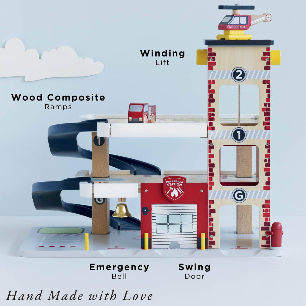 The Fire & Rescue Garage is a colorful wooden toy with ramps, a winding lift, emergency bell, swing door, and a red helicopter on top. Feature labels included. Bottom text: "Hand Made with Love.