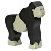 A handcrafted wooden toy gorilla with painted black and white details, made in Europe. The gorilla stands on all fours with a simple, carved design emphasizing its shape and features. This stunning piece exemplifies the quality of the Holztiger Gorilla.