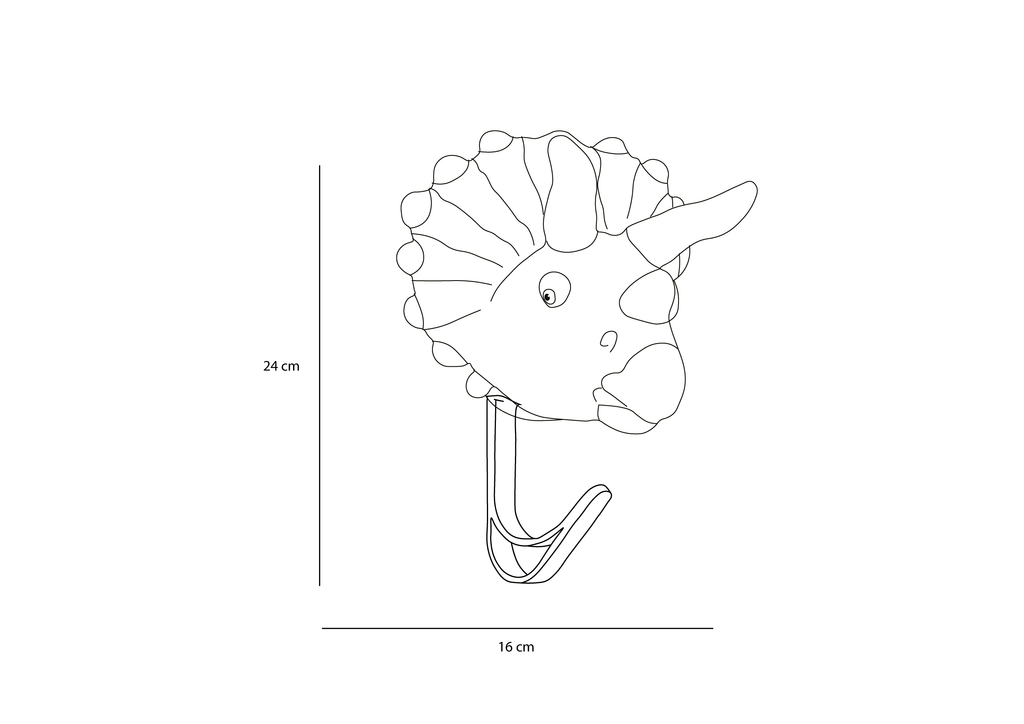 The Coat Hanger - Triceratops Dino is a 24 cm tall by 16 cm wide coat hook shaped like a triceratops head, featuring a curved metal hook below—an ideal way to add playful charm to your space.