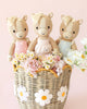 Three Cuddle + Kind Sophia the Pony dolls, handmade in Peru, wear pastel dresses as they sit in a wicker basket with white daisies, surrounded by pink and white flowers on a light pink background.