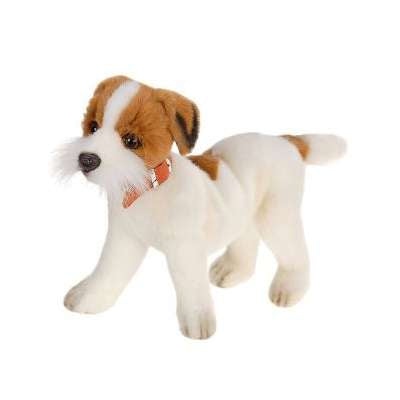 A Jack Russel Terrier Dog Stuffed Animal, hand-sewn plush toy of a small, brown and white dog with a red collar, standing against a white background.