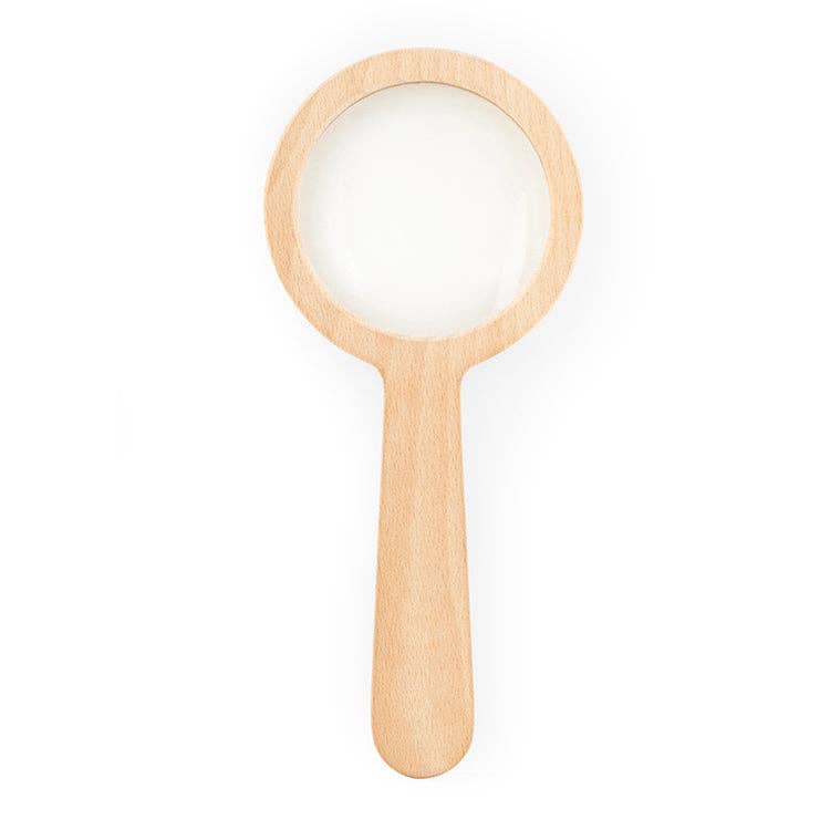 The Wood Magnifier features a beechwood handle, a round lens with 3x magnification, and is shown against a white background.