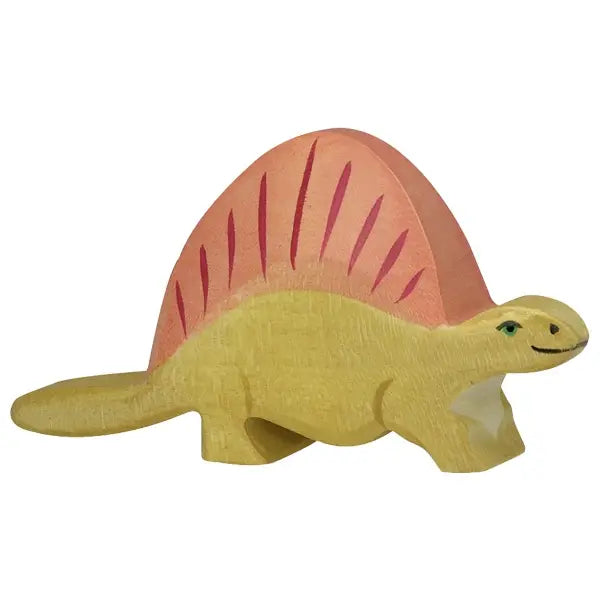 A small wooden dinosaur figurine, intricately handcrafted in Europe and painted yellow with an orange sail on its back. This delightful Holztiger Dimetrodon Dinosaur boasts a smiling expression and stands sturdily on four legs.