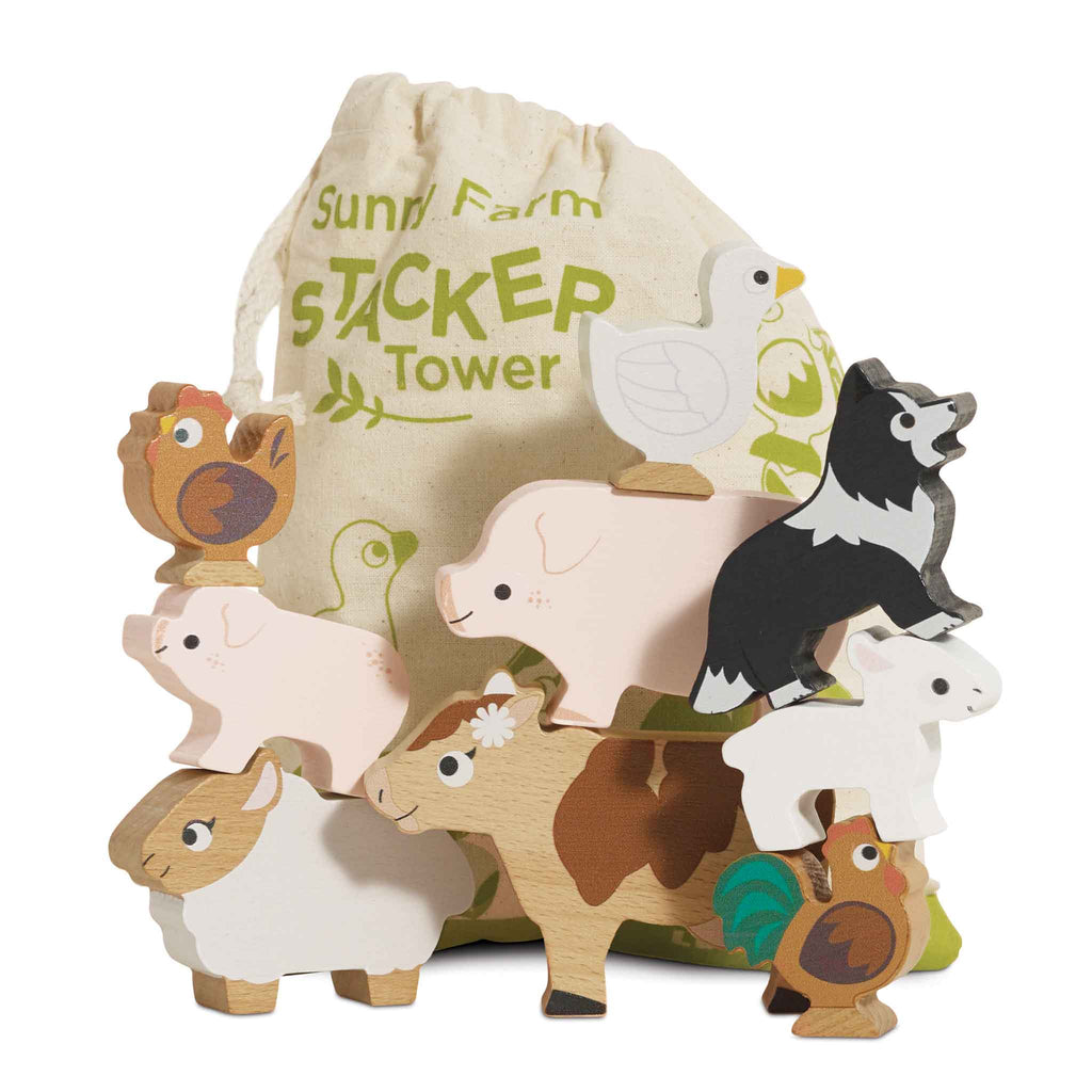 The Farmyard Stacking Animals and Bag is an eco-friendly wooden toy set featuring colorful figures—a pig, sheep, dog, chicken, duck, cow, rooster, and llama—stacked in front of a cloth bag labeled "Sunny Farm Stacker Tower.