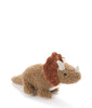 Meet the Baby Triceratops Dinosaur Stuffed Animal! This plush dinosaur toy features a light brown body, light grey horns, black eyes, and a reddish-brown frill around its neck. Crafted from textured, curly fabric, it's ideal for cuddles and perfect for infants. Posed on a white background, it’s ready to charm!