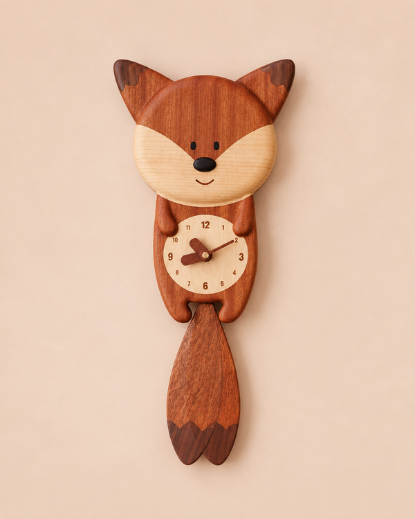 The Handmade Wooden Fox Wall Clock features a cute, cartoonish fox design with the clock face on its belly and a swinging tail pendulum. Crafted from wood in brown shades with lighter and darker accents, this charming wall clock is perfect for woodland nursery decor or as an adorable accent in any room.