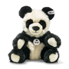 Steiff Manschli Panda, 9 inches, is a cuddly plush panda bear toy with black and white fur, featuring a Steiff tag on its ear and a Steiff button on its chest. It sits upright and faces forward.