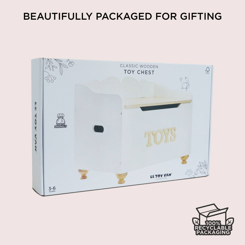 A white Toy Storage Box with gold legs and "TOYS" on the front. Packaging states "Beautifully Packaged for Gifting," is 100% recyclable, and ideal for kids ages 3–6 as a perfect storage solution.