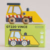 A yellow wooden toy bulldozer, the No. 38 GT220 Vince | Made in England, sits atop its green box featuring an illustration of the toy and product information—perfect for construction fun and sparking imaginative play.