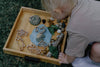 A child leans over a wooden tray filled with playdough, rocks, leaves, a stick, and the Pond Life Cutter Set - Eco Playdough Tool made from biodegradable PLA, exploring and playing outdoors on the grass.