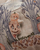 Embroidery of a bear in a pumpkin costume peeks from a felt cutout, surrounded by stitched trees and autumn leaves on the Coral & Tusk Spooky Forest Pocket Pillow.