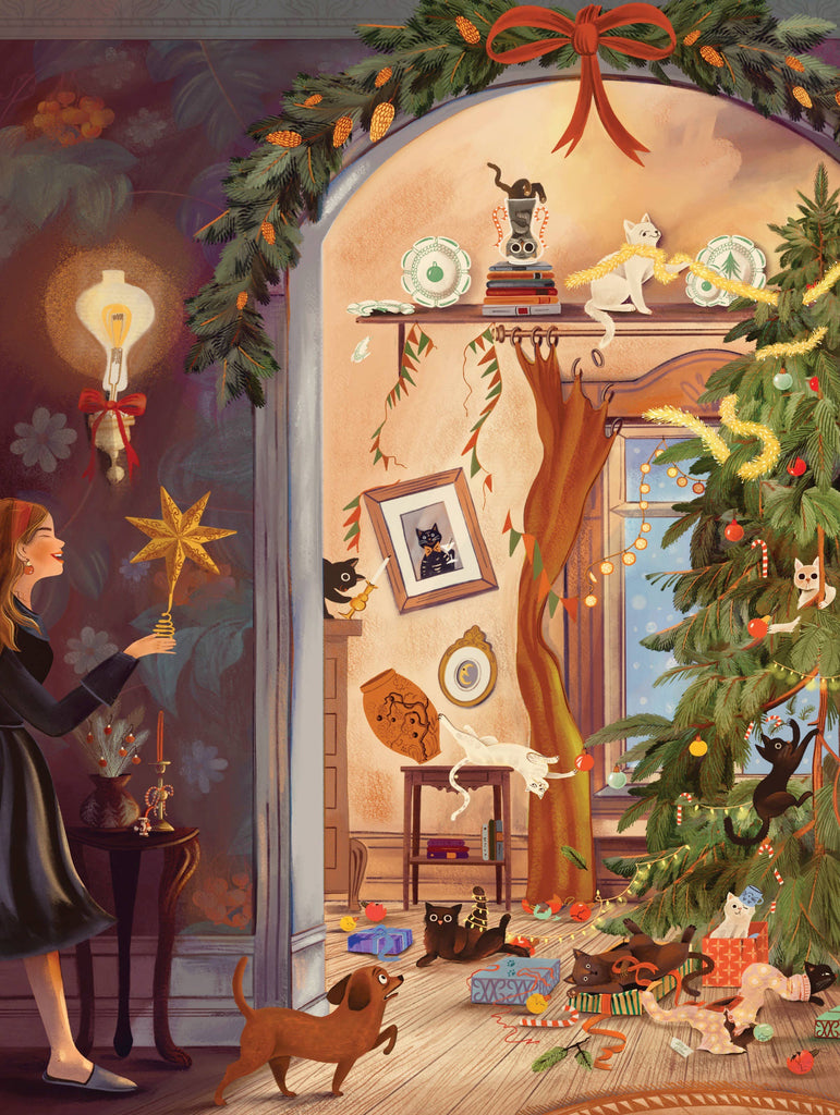 A woman holds a star tree topper in an Adelina Lirius-style room filled with cats playing among holiday ornaments and gifts, depicted in the Cats in December - 1000 Piece Jigsaw Puzzle.