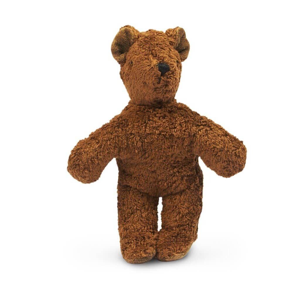 The Senger Naturwelt Stuffed Animal - Brown Bear is a plush toy with short brown fur, round ears, and a stitched face, standing upright against a white background—crafted with eco-friendly materials for peace of mind.