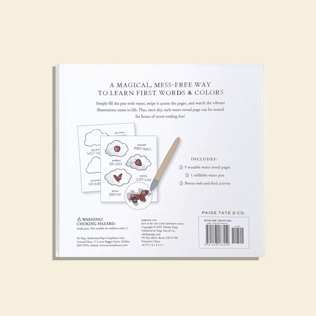 The back cover of Wishy Washy (Water Reveal Edition) features sample illustrated pages, a wooden pen, and instructions for mess-free, travel-friendly fun to help kids learn first words and colors.