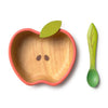 The Pepa the Apple Bowl & Spoon Set features a wooden, apple-shaped baby bowl with a green leaf detail and matching spoon, forming a charming non-toxic tableware set, beautifully displayed on a white background.