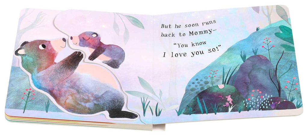I Love You So by Patricia Hegarty is an interactive board book where a mother bear lifts her cub in the air amid colorful trees and hills. Perfect for baby animal fans, it features the heartfelt line: 'You know I love you so!'.