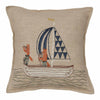 The Sailing Foxes Pillow showcases two cartoon foxes on a sailboat, one with a telescope and the other steering. The sail is adorned with blue triangles against a beige backdrop.