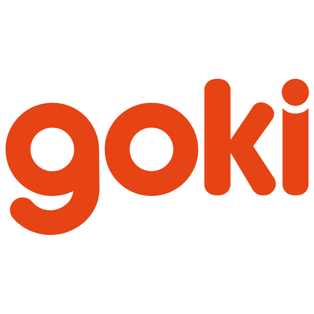 The image shows "goki" in bold, lowercase, red-orange letters on white—an iconic look often found on toddler toy packaging like the Holztiger Pull-Along Cat.