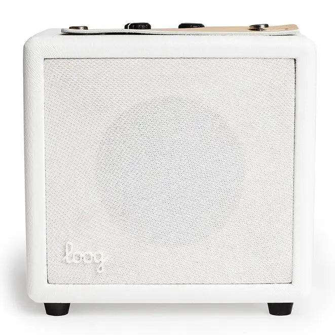 A compact, cube-shaped white Mini Guitar Amp with a single large speaker covered by a white grille cloth, displayed against a white background. The brand logo "leqq" is subtly visible
