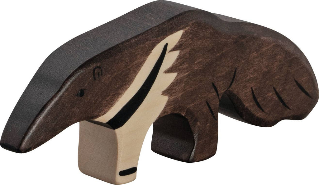 The Holztiger Anteater is a handcrafted wooden toy, made in Europe and painted brown with black and white details on the face, legs, and body—an ideal addition to any HOLZTIGER collection.