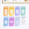 Seven colorful Monopoly Bianco Edition bills in denominations of 500, 100, 50, 20, 10, 5, and 1, arranged alongside a Boardwalk property deed card.