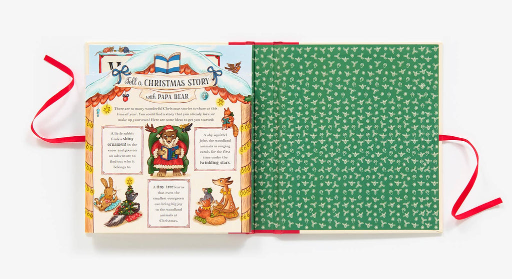 Open children’s book with colorful animal illustrations from Brown Bear Wood shows a bear dressed as Santa reading from "Christmas is Coming to Town!" Left page features art; right page has a green patterned design with white icons.