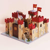 The Lionheart Wooden Castle is crafted from sustainable wood and features red and yellow flags, turrets, a drawbridge, detailed stone patterns, and a decorated base—perfect for inspiring imaginative play.