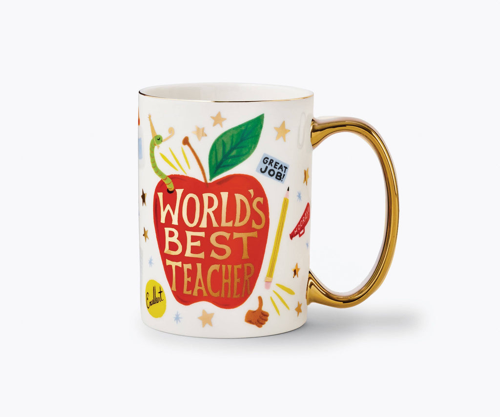 The World’s Best Teacher Porcelain Mug features an elegant white porcelain design with gold accents on the handle, showcasing a large illustrated red apple and bold “World’s Best Teacher” lettering. The mug is decorated with stars, a pencil, and uplifting phrases such as “Great Job!” for added encouragement.