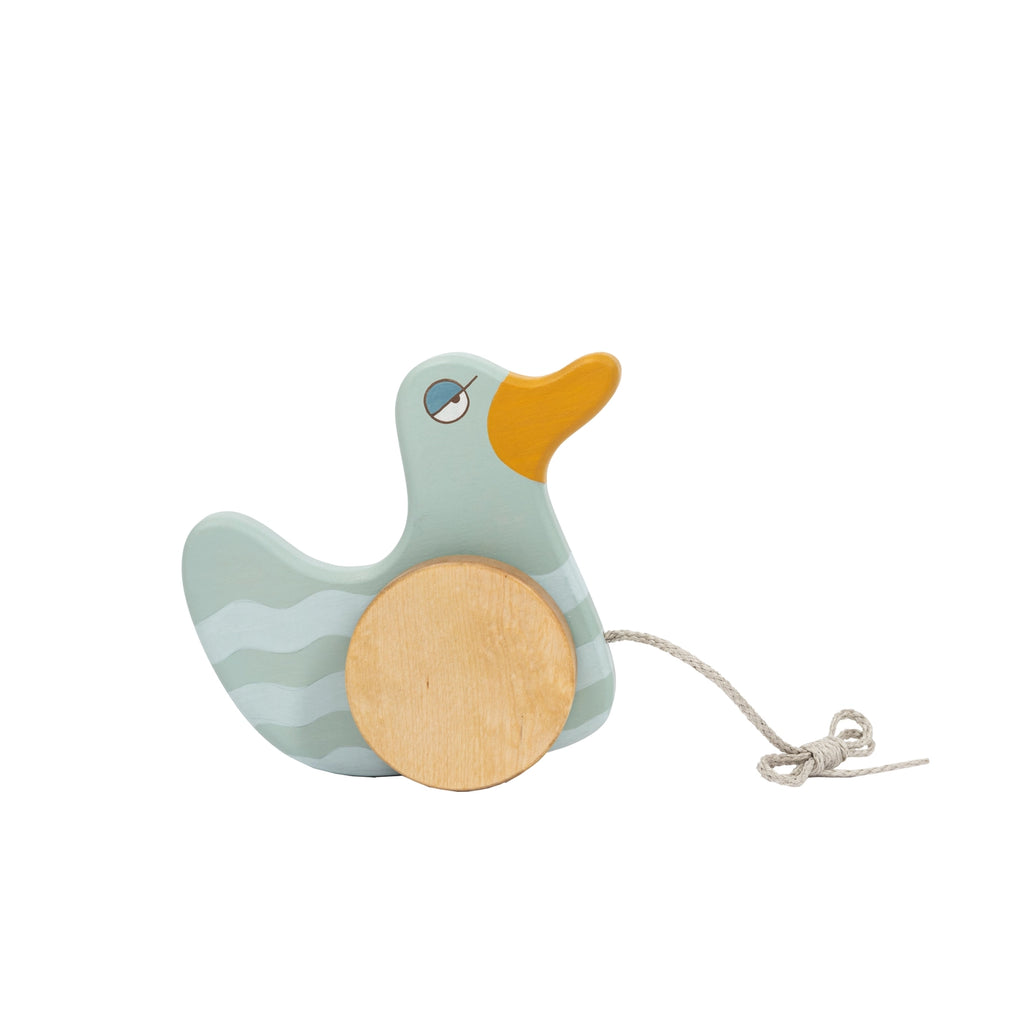A Duck Pull Toy - Mint Green, featuring a round yellow beak and large black eye, attached to a wooden pull string, isolated on a white background.