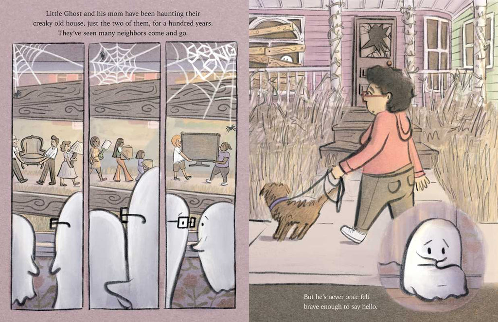 A comic-style image from the *Little Ghost Makes a Friend Book* shows a shy ghost and his mom watching people through their house's window. In the right panel, a woman walks her dog past the house while the ghost hides behind a tree, appearing too timid to say hello. The text narrates that the shy ghost has never been brave enough to make friends.