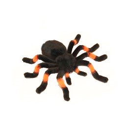A Tarantula Spider Stuffed Animal made of high-quality plush materials, with a black body and bright orange bands on its legs, isolated against a white background.
