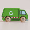 The No. 36 GT200 Rudy, made in England, is a green wooden recycling truck featuring sturdy wooden wheels and a white recycling symbol on its side, making it the perfect eco-friendly toy for sustainable play.
