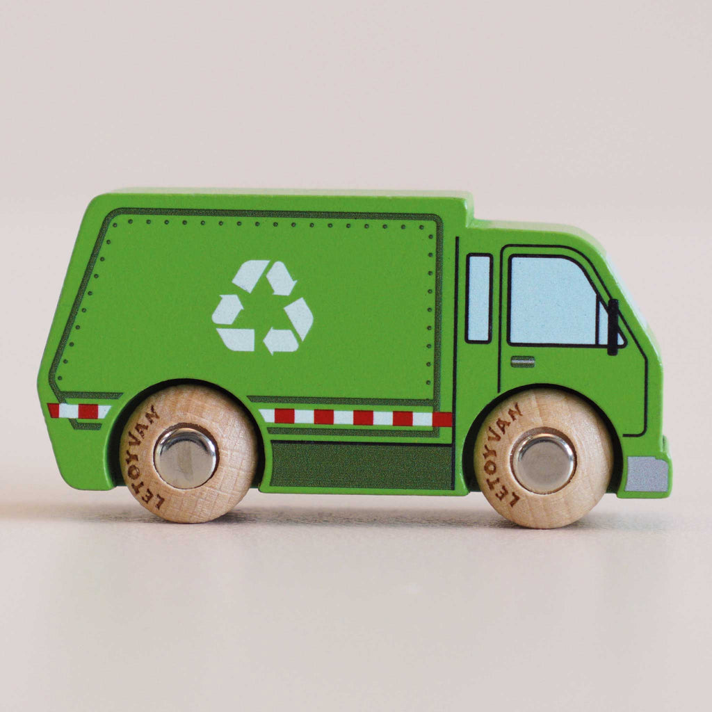 The No. 36 GT200 Rudy, made in England, is a green wooden recycling truck featuring sturdy wooden wheels and a white recycling symbol on its side, making it the perfect eco-friendly toy for sustainable play.
