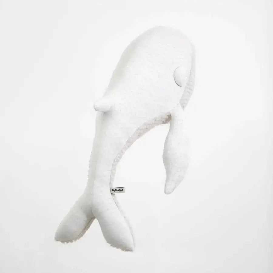 A plush whale toy named "BigStuffed The Big Whale Albino" featuring a small fin and tail, ideal for ocean adventures, set against a plain white background.