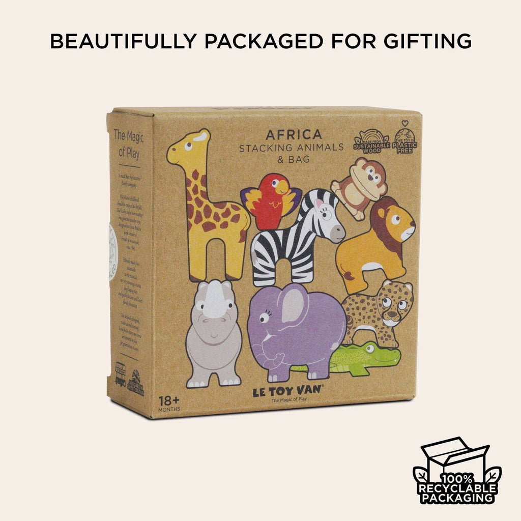 The Africa Stacking Animals & Bag is a sustainable wooden toy with colorful giraffe, zebra, elephant, and lion pieces. Eco-friendly and perfect for gifting, it helps develop fine motor skills in children ages 18+ months.