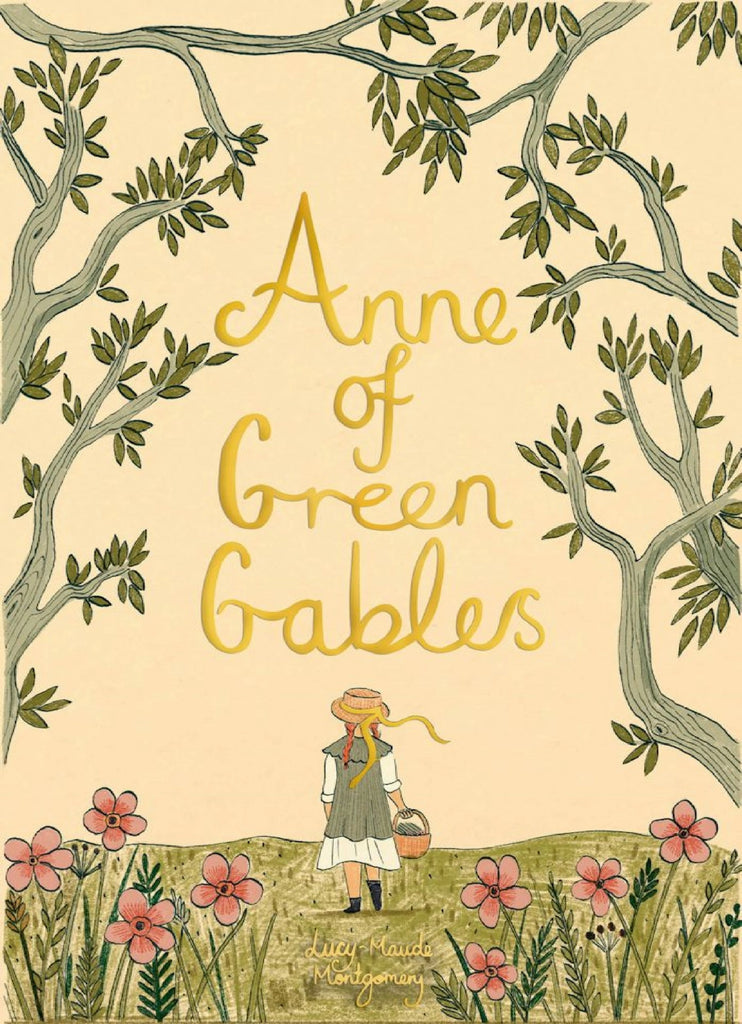 The Collector's Edition of "Anne of Green Gables" features a girl in a dress and hat holding a basket among pink flowers, with leafy trees framing L.M. Montgomery's title in yellow, reflecting the timeless charm of this beloved tale.