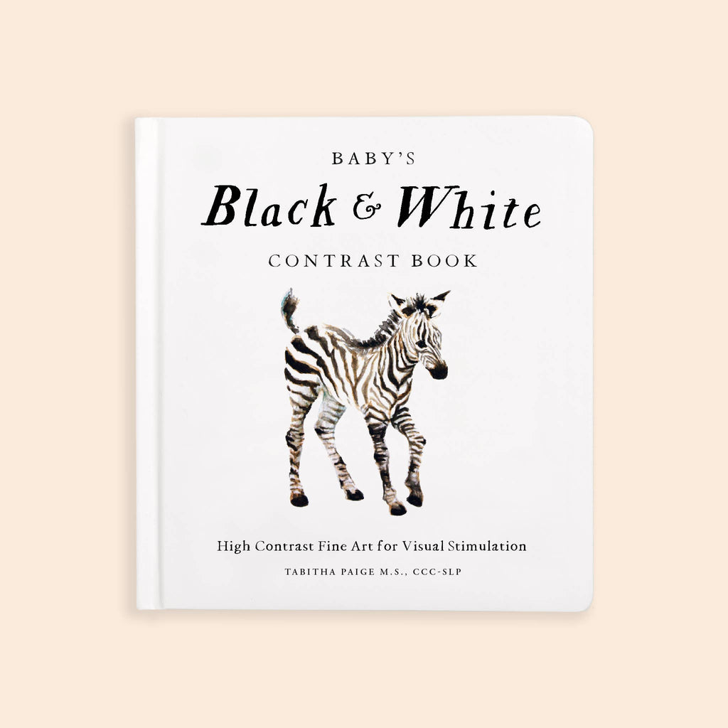Square book cover titled “Black and White Contrast Book for Baby” featuring a realistic illustration of a zebra. Subtext reads: “High Contrast Fine Art for Visual Stimulation” by Tabitha Paige, M.S., CCC-SLP. This black-and-white baby book is designed with high-contrast images to support early visual development.