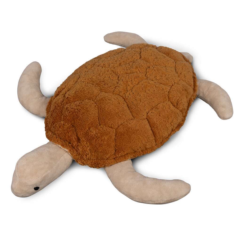 The Senger Naturwelt Cuddly Animal - Turtle features a soft brown shell with beige flippers, head, and tail. Filled with an organic cotton grain pillow for added comfort, it’s shown lying on a white background.