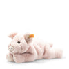 The Steiff Piko Pig Plush Toy (11 inches) is a soft, light pink pig lying on its stomach with a round snout, floppy ears, and a yellow tag with button on its ear. The background is plain white.