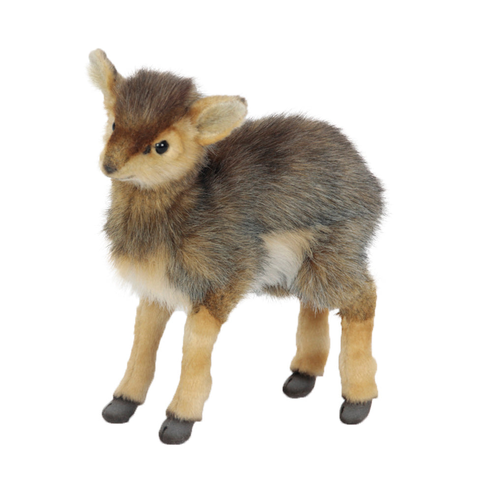 An Antelope Stuffed Animal stands upright on all four legs against a white background, featuring soft brown and tan fur, dark eyes, and black hooves—an exquisite example of artisan stuffed animals crafted with remarkable attention to detail.