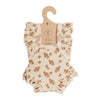 Mrs. Ertha Doll Clothes - 13″-14″ - Raspberry Bunches Frilled Bodysuit features a charming baby romper with ruffled sleeves, a beige background, and a delicate small brown floral print, displayed on a cardboard hanger—perfect as a frilled bodysuit for Minikane dolls or as an adorable addition to your little one’s doll clothes collection.