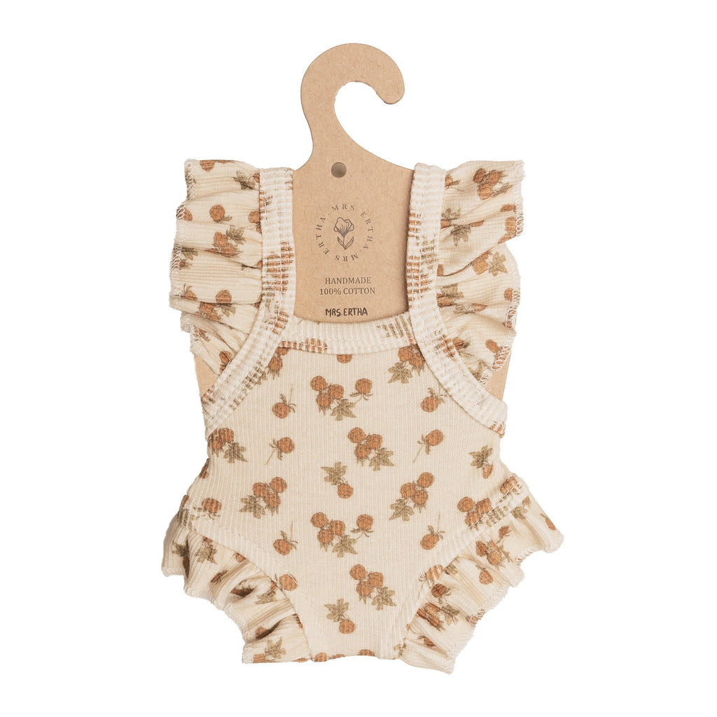 Mrs. Ertha Doll Clothes - 13″-14″ - Raspberry Bunches Frilled Bodysuit features a charming baby romper with ruffled sleeves, a beige background, and a delicate small brown floral print, displayed on a cardboard hanger—perfect as a frilled bodysuit for Minikane dolls or as an adorable addition to your little one’s doll clothes collection.