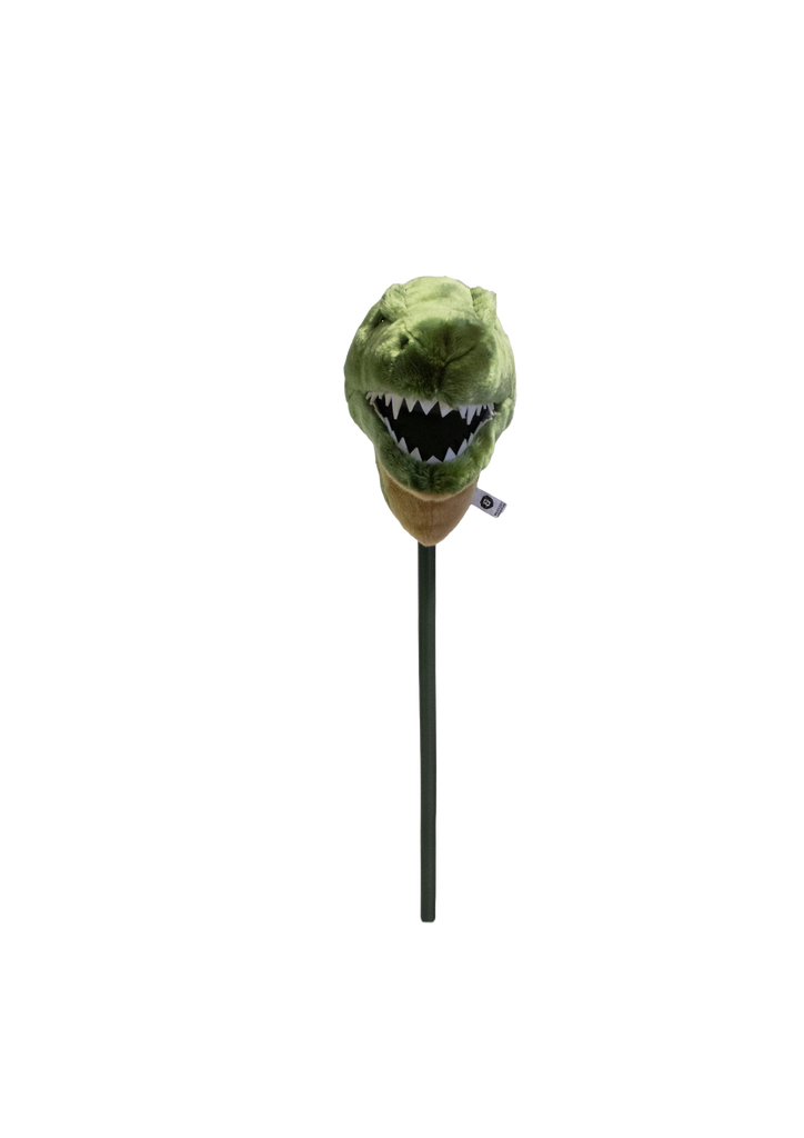 The Hobbyhorse - T-Rex Dino features a plush green dinosaur head with sharp white teeth on a stick, making it the perfect imaginative play toy for kids.