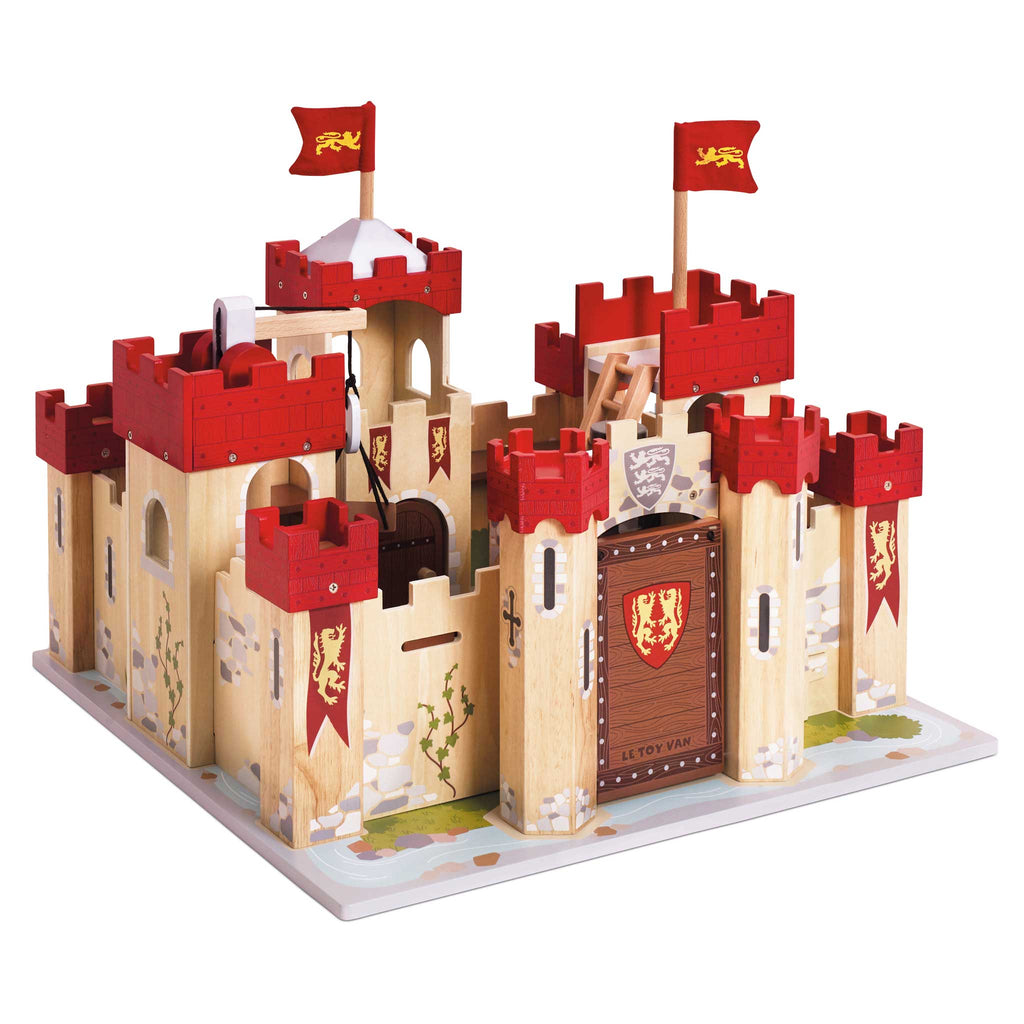 Introducing the Lionheart Wooden Castle—expertly crafted from sustainable wood and designed with striking red towers, lion-emblem flags, a working drawbridge, and shields on the doors. This charming playset sits atop a decorated square base, inspiring endless hours of imaginative play.